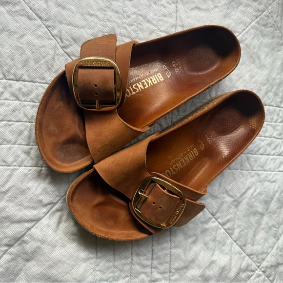 Birkenstock Shoes - Birkenstock Madrid Tan Leather Sandals with Gold Buckles